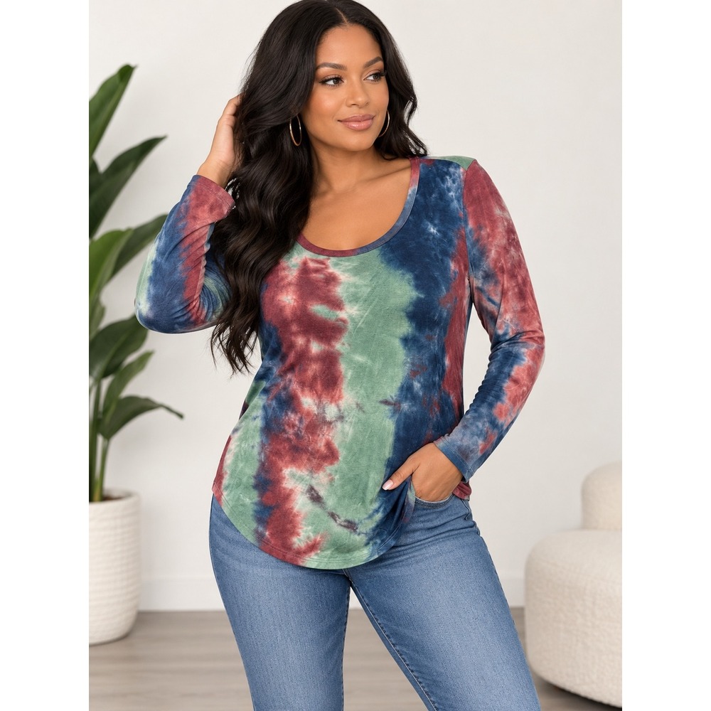 Soft Surroundings Tie Dye Long Sleeve Scoop Neck Top Blue Burgundy Green Large